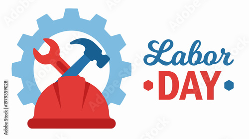 Labor Day illustration with work tools, hard hat, and industrial gear
