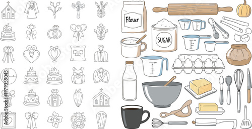Hand Drawn Baking and Cooking Icons Set Outline and Colored Kitchen Elements Collection Flour Sugar Utensils Cakes and Tools Isolated on Transparent Background
