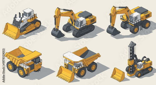 Collection of isometric construction vehicles including excavators, dump trucks, and a bulldozer.