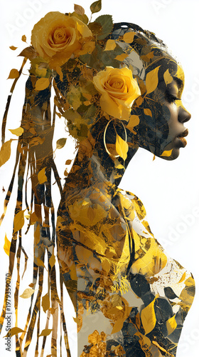 silhouette of an african american female with beautiful long locs hair with beautiful roses in her hair