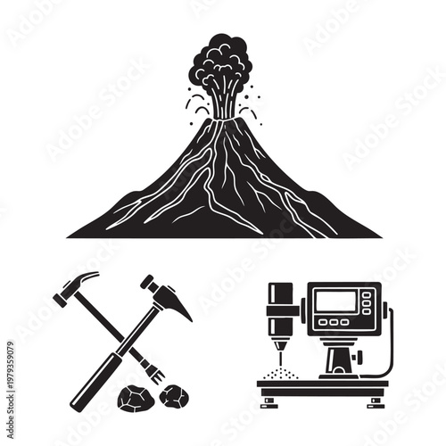 Volcanology Icons Erupting Volcano Lava Sample Tiltmeter Silhouette Vector Set