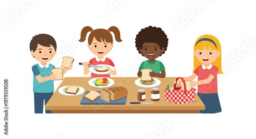 Four diverse children are happily gathered around a table, busy preparing and enjoying sandwiches with fresh bread, spreads, and a picnic basket.