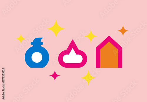 Minimalist Flat Design Icons Representing Home Skincare and Beauty Lifestyle with Sparkles on Pastel Pink Background
