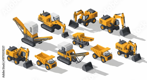 Collection of isometric construction and mining heavy machinery vehicles on a white background.