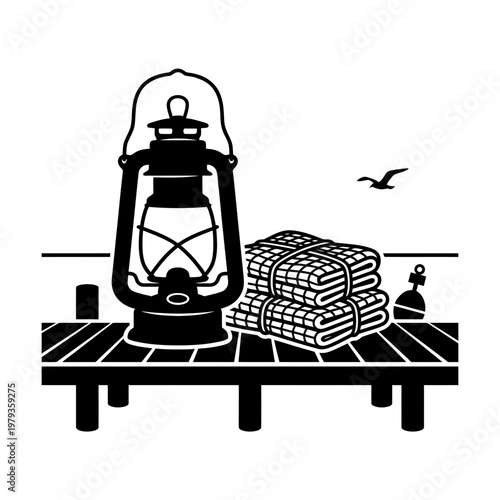 Lantern by hay cart in rustic farm silhouette