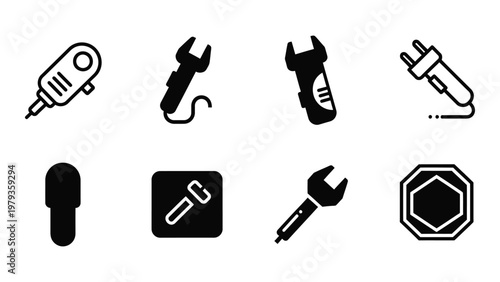 A collection of black and white line icons depicting various power tools plugs and related hardware elements high quality professional detailed