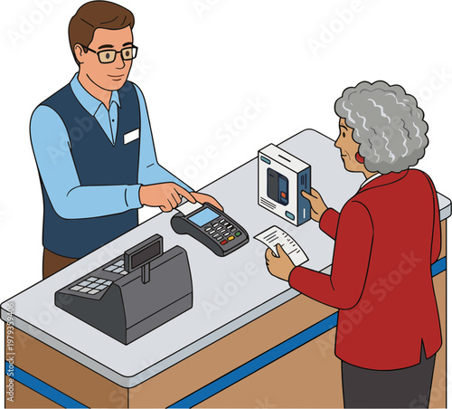 Customer purchases microwave at store checkout counter with sales associate