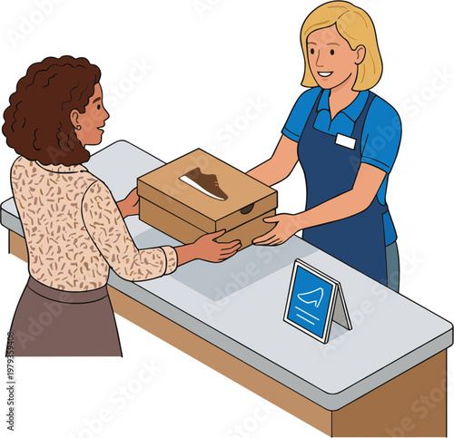 Woman hands over cardboard boxes to smiling employee at checkout counter