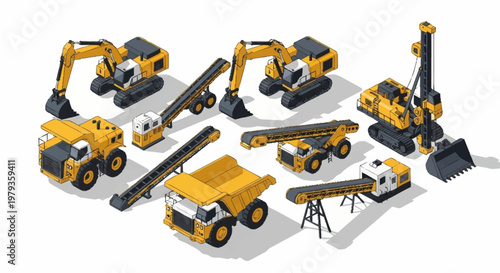 Collection of isometric construction and mining heavy machinery vehicles.