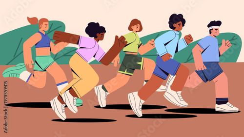 Flat vector of diverse people running together outdoors, representing fitness, teamwork, and active lifestyle. Ideal for concepts of jogging, training, marathon, wellness, and community exercise.