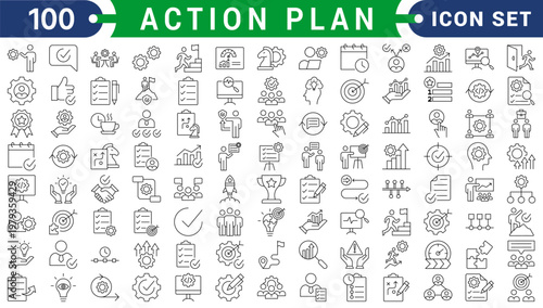 Action plan editable stroke outline icons set. Goal, collaboration, strategy, tasks, action, planning and analysis