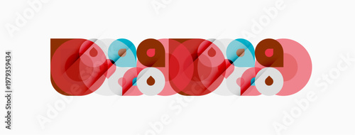 Abstract geometric shapes overlap, creating colorful patterns. Red, blue, pink hues dominate design. Minimalist style.