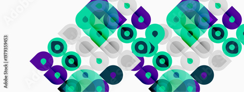Abstract pattern features rounded squares, circles. Colors include teal, purple, gray, white. Design appears modern, geometric.