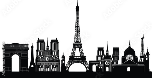Paris city skyline silhouette with Eiffel Tower and Notre Dame Cathedral isolated on white background for French travel and tourism design.