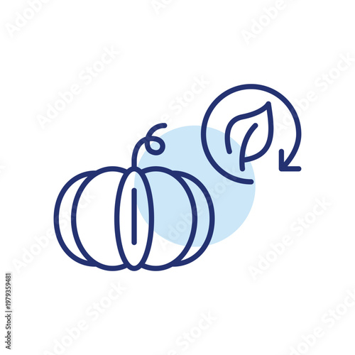 Pumpkin and leaf in renew arrow. Sustainable fruits and vegetables farming. Green food. Pixel perfect, editable stroke vector icon