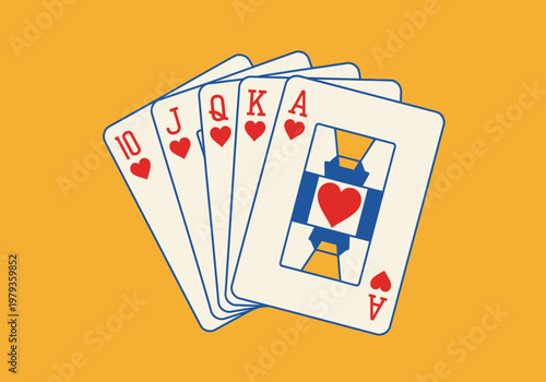 Royal Flush Winning Poker Hand Hearts Suit Illustration on Yellow Background