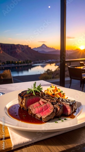 Sliced steak on a white plate, served with colorful salad and sauce, with a sunset over mountains and water visible through a window
