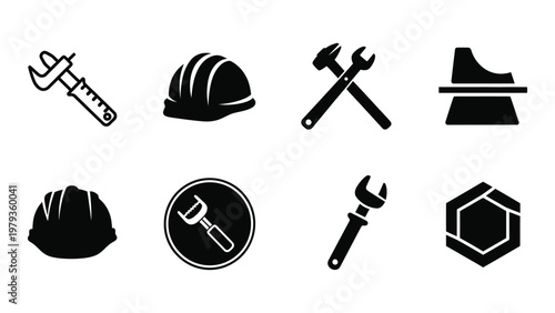 A collection of black silhouette icons representing construction tools safety equipment and industrial symbols high quality professional detailed modern elegant stylish
