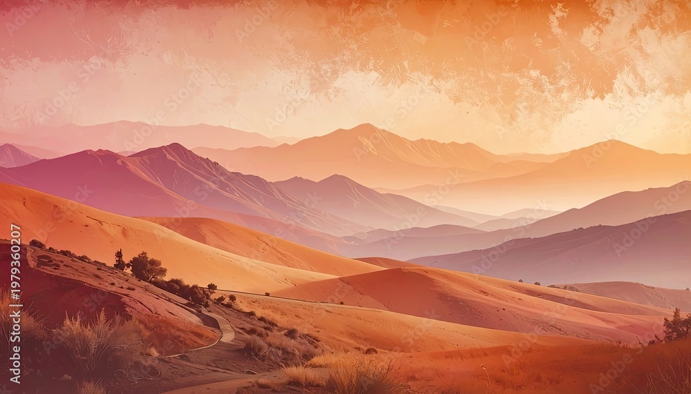 Naklejka premium A breathtaking landscape painting depicts rolling hills and layered mountains bathed in warm, golden light, evoking a sense of tranquility and vastness.
