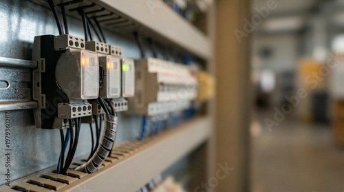 Industrial electrical panel components with relays and circuit breakers mounted on din rail. Close up view of wiring and automation devices used in power distribution and control systems.