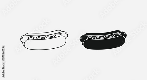 Two hot dog illustrations one outlined and one filled in black silhouette