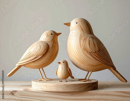 Three carved wooden birds, representing a family, are displayed on a wooden surface with a soft, neutral background