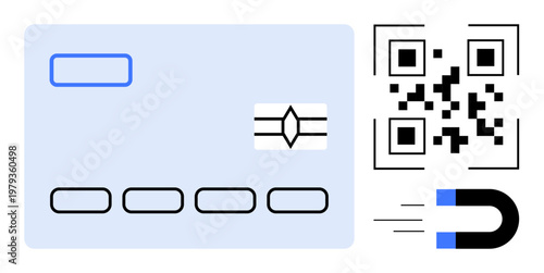 Digital payments, financial transactions, identity verification, modern technology, card security, cashless methods. Image shows credit card, QR code and a magnet. Digital payments and financial
