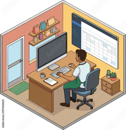 Man sitting at desk working on computer in office cubicle space