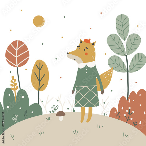 Scandinavian forest scene with cute fox, woodland animals style nursery illustration, autumn nature landscape with trees and plants