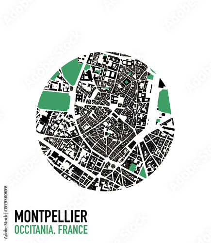 Montpellier centre vector mapping. France city map illustration for poster, print, social media post. Simple and editable layout of urban plan of central district, place de la comedie