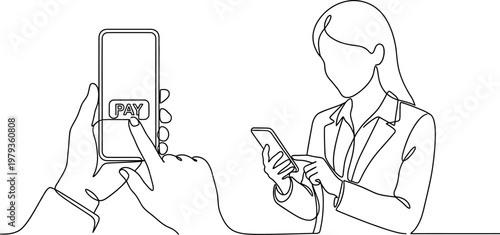 Female Character Pressing Pay Button on Smartphone Continuous One Line Drawing