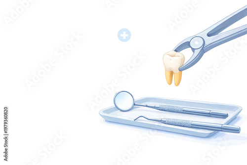 Tooth extraction tools with extracted tooth on dental tray  