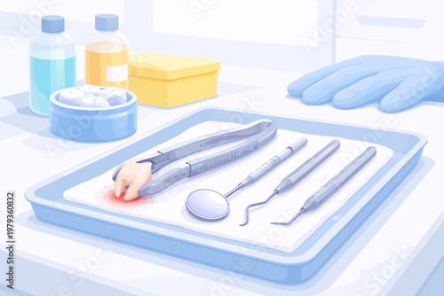 Dental tools with extracted tooth on tray in medical office  