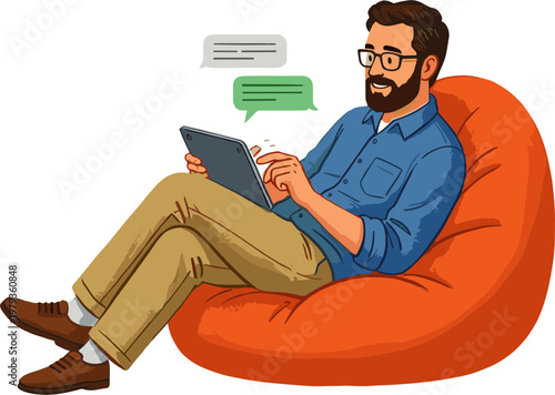 A man sits on a beanbag chair reading a tablet with speech bubbles