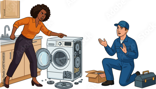 A woman watches a repairman fixing her washing machine in the kitchen.