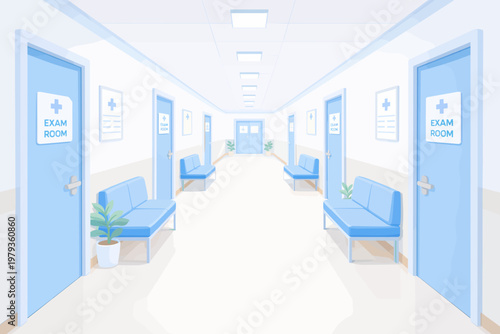 Hospital corridor with blue benches and exam rooms in minimalist style  