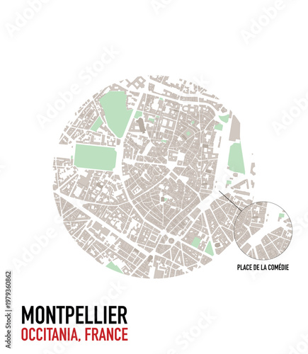Montpellier centre vector mapping. France city map illustration for poster, print, social media post. Simple and editable layout of urban plan of central district, place de la comedie