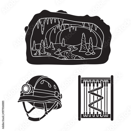 Caving Speleology Icons Cave Passage Caving Helmet Descending Rack Silhouette Vector
