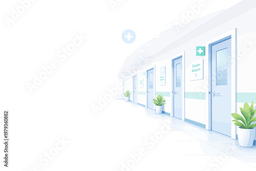 Calm hospital corridor with white walls and potted plants  