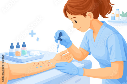 Nurse conducting allergy test with droppers on patient's arm  