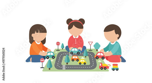 Three children are happily playing with toy cars on a decorative road mat, featuring various traffic signs and colorful miniature vehicles.