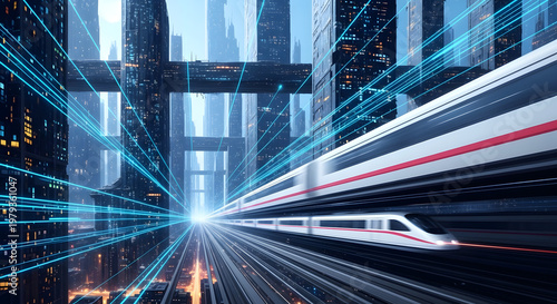 A sleek train speeds through a futuristic cityscape at dusk with vibrant light trails.