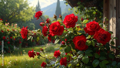Vivid red roses bloom in a sunlit garden, framed by a rustic wooden structure and lush greenery with a mountain backdrop