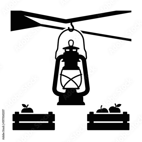 Lantern above market crates black and white silhouette