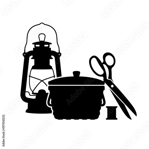 Lantern and sewing basket black and white silhouette
