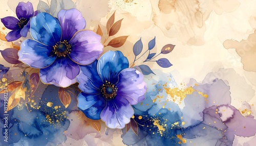 Watercolor floral arrangement featuring deep blue and purple blossoms with gold accents against a soft, abstract background