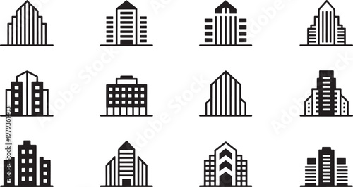 Architecture icons present a series of distinct building silhouettes featuring varied rooflines and facades intended for use in urban design documentation and city mapping applications.