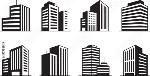 Skyscrapers icons display a collection of modern architectural structures designed in a minimalist black and white graphic style for professional urban planning and real estate development projects.