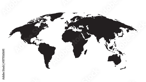 World Map Silhouette with Curved Perspective. Black Flat Earth Map with All Continents and Oceans. Modern Minimal Geography Design. Flat Vector Illustration Isolated on White Background