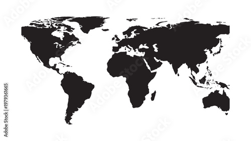 World Map Silhouette with 3D Perspective Effect. Black Flat Earth Map with All Continents. Modern Minimal Global Geography Design. Flat Vector Illustration Isolated on White Background